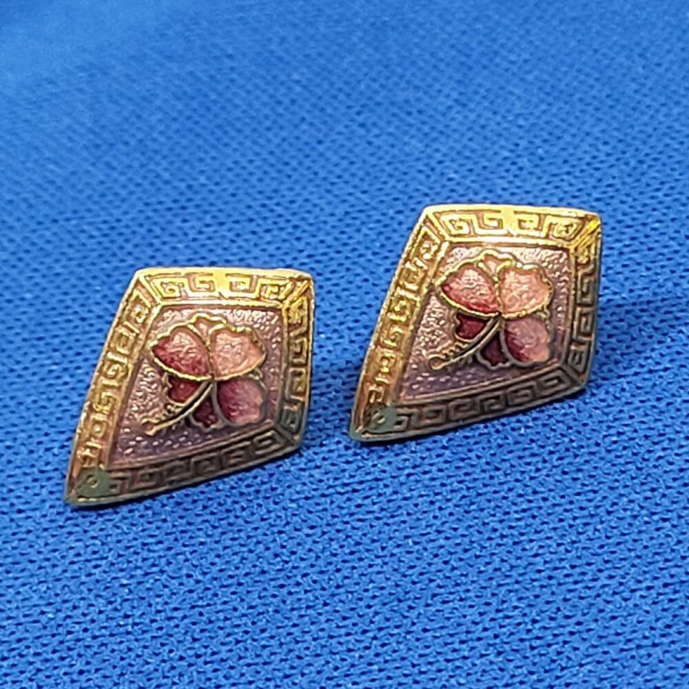 Gold Tone Clover Stud Earrings With Enamel Inlay & Greek Key Border Vintage